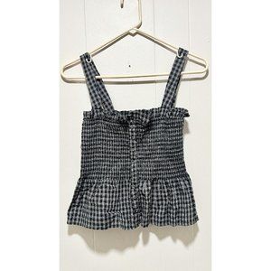 Forever 21 Cute Button Up Smocked Plaid Babydoll Tank Top Sleeveless Gray Size S